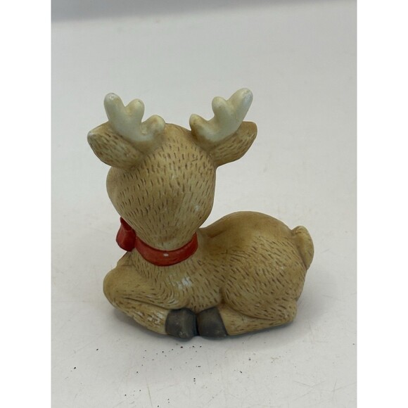 Flambro  VTG Laying Down Deer Figurine Red Nose Green Bow Tie Gold Bell Bisque - Picture 2 of 3